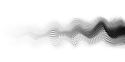 Halftone black wave on white background. Technology halfton mesh wave shape. Dots grid digital design for business, presentation, big data, brochure. vector
