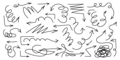 Curved and swirl tangled black arrows. Hand draw black line arrows set. Organic direction pointer icons. Brush arrows set vector