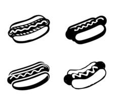 Hot Dog Silhouettes with Different Toppings. A playful black and white illustration set of four hot dogs, each with different toppings and sauce styles. vector