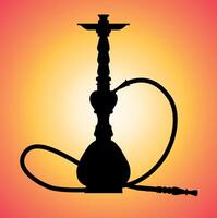 Silhouette of Hookah with a Glowing Sunset Background. A black silhouette of a hookah placed against a vibrant sunset gradient background. vector