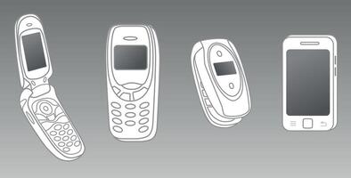 Retro Mobile Phones and Modern Smartphone. A grayscale digital illustration showcasing a timeline of mobile phones, from early button phones to a modern touchscreen smartphone. vector