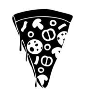 Black and White Melting Pizza Slice. A fun and exaggerated black and white illustration of a dripping pizza slice, topped with various ingredients. vector
