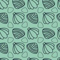 Seashell seamless pattern. Outlined seashells and geometric shapes in a harmonious layout. Ideal for textile or wallpaper design. vector