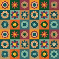 Retro Floral Geometric Seamless Pattern. The design features colorful, abstract flower shapes arranged in a grid format. Ideal for textiles, wallpapers, and decor. vector