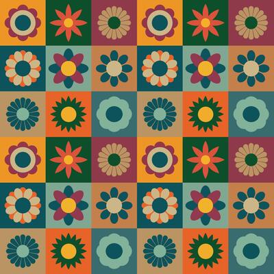 Retro Floral Geometric Seamless Pattern. The design features colorful, abstract flower shapes arranged in a grid format. Ideal for textiles, wallpapers, and decor.