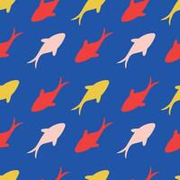 Seamless illustration featuring a repeating pattern of colorful shark silhouettes on a vibrant blue background. Perfect for creative textile, wallpaper, and graphic design projects vector