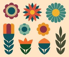 Colorful Geometric Flowers set. Illustration in Retro Style. Includes various flower shapes and leaves on a plain background vector