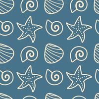 Nautical seamless pattern featuring starfish and seashells. Hand-drawn illustration with a blue background. Ideal for marine decorations and beach-inspired projects vector