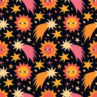 Sun with face and comet seamless pattern. Bright sun, star, comet, meteorite on a black background. Ideal for fabric, wallpaper and space projects vector