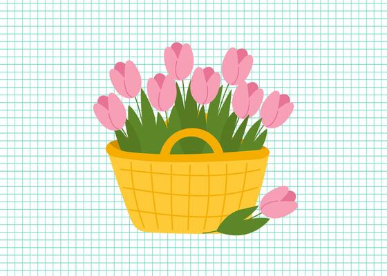 Spring and gardening concept clipart. Yellow basket with pink tulips on a checkered background.