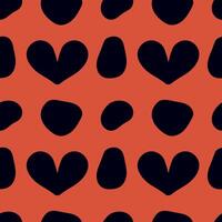 Heart and spot seamless pattern. Black heart and spots on a red background. Ideal for textiles, gift wrap, and creative projects vector