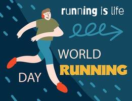 World Running Day Illustration with Runner. The background includes motivational text and creative design elements symbolizing movement and fitness. vector