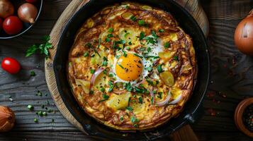 Vibrant Spanish tortilla from Europe with fluffy eggs potatoes and onions captured in a dynamic high resolution traditional culinary art style photo
