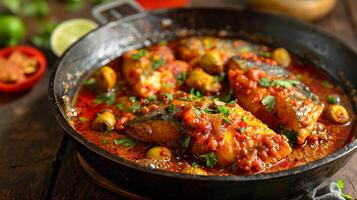 Serving of spicy malabar fish curry from India with bold flavors and a vibrant red sauce captured in a dynamic high resolution street food photography style photo