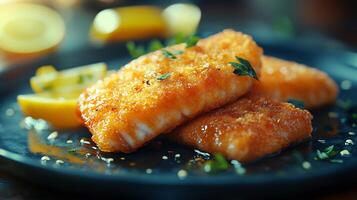 Vibrant serving of crispy fried barramundi from Australia with a light crunchy batter captured in a dynamic high resolution gourmet street food art style photo