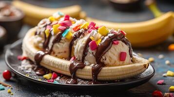 Decadent banana split from USA with rich ice cream fresh banana slices and vibrant toppings captured in a playful high resolution dessert photography style photo
