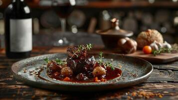 Plate of rustic French boeuf bourguignon from Europe with tender beef simmered in red wine styled in a dynamic high resolution traditional gourmet food photography scene photo