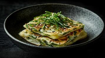 Serving of aromatic scallion pancakes from China with a crispy layered texture captured in a refined high resolution traditional culinary photography style photo