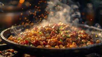 Sizzling plate of Kung Pao chicken from China with a bold spicy flavor and crunchy peanuts captured in a vibrant high resolution street food photography style photo