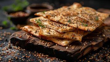 Creative serving of Turkish flatbread with zaatar from Turkey with a crisp texture and aromatic herbs styled in a dynamic high resolution traditional culinary photography scene photo