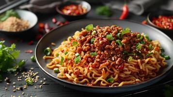Plate of spicy dan dan noodles from China with a bold chili sauce and crunchy toppings styled in a dynamic high resolution gourmet food art composition photo