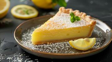 Serving of zesty lemon tart from Australia with a crisp pastry and tangy filling styled in an elegant high resolution dessert culinary photography scene photo