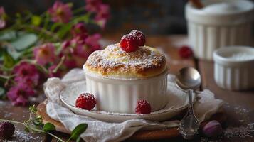 Rich French souffle from Europe with a light airy texture and delicate flavor styled in an elegant high resolution gourmet dessert photography scene photo