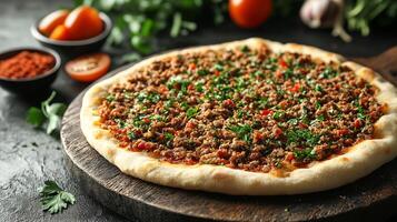 Delicious serving of Turkish lahmacun from Turkey with a thin crispy crust and savory minced meat topping styled in a dynamic high resolution traditional culinary art scene photo