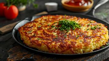 Traditional Swiss rosti from Europe with crispy grated potatoes and a golden finish styled in a modern high resolution homestyle culinary photography scene photo