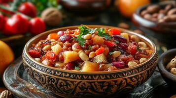 Vibrant serving of Turkish charoset from Turkey with a blend of fruits nuts and spices styled in a dynamic high resolution traditional culinary art scene photo