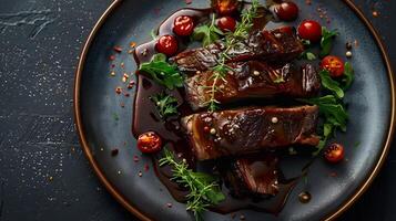 Plate of flavorful smoked brisket from Canada with a deep rich sauce styled in a dynamic high resolution urban gourmet food photography scene photo