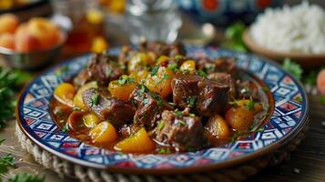Vibrant plate of Turkish lamb and apricot stew from Turkey with tender meat and a rich sweet spicy sauce captured in a dynamic high resolution homestyle culinary art style photo