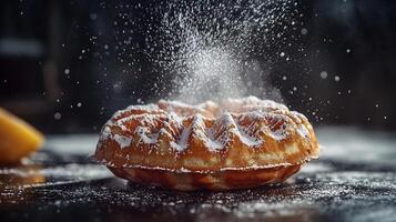 Delightful Belgian waffle from Europe with a crisp exterior and light dusting of powdered sugar styled in a modern high resolution dessert photography scene photo