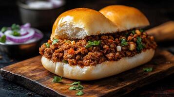 Serving of flavorful keema pav from India with spiced minced meat and buttered bread styled in a dynamic high resolution street food art composition photo