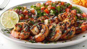 Plate of succulent grilled shrimp from Mexico with a zesty lime marinade styled in a dynamic high resolution coastal culinary art scene photo
