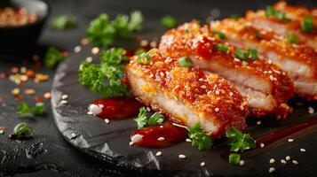 Vibrant serving of crispy Peking pork chops from China with a golden crunchy exterior styled in a dynamic high resolution gourmet food art composition photo
