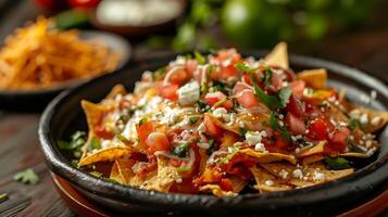 Plate of sizzling chilaquiles from Mexico with crisp tortilla chips tangy salsa and melted cheese captured in a dynamic high resolution street food photography style photo