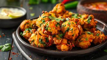 Plate of vibrant vegetable pakora from India with a crisp batter and aromatic spices styled in a dynamic high resolution street food art composition photo
