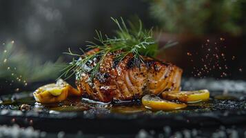 Serving of succulent grilled salmon from Canada with a maple glaze and fresh lemon accent styled in a modern high resolution gourmet culinary photography scene photo