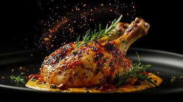 Creative serving of herb roasted chicken from Canada with golden skin and aromatic spices captured in a dynamic high resolution gourmet food art style photo
