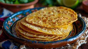 Vibrant plate of soft corn tortillas from Mexico with a warm golden hue and traditional flavor styled in a refined high resolution traditional culinary photography scene photo