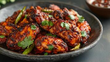 Plate of spicy chettinad chicken from India with bold peppery flavors and a vibrant presentation captured in a dynamic high resolution gourmet food photography style photo