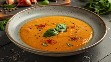 Plate of hearty Turkish lentil soup from Turkey with a smooth texture and aromatic spices styled in a dynamic high resolution homestyle culinary photography scene photo
