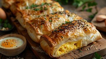 Delicious serving of Turkish egg and cheese borek from Turkey with a flaky pastry and savory filling captured in a dynamic high resolution traditional culinary photography style photo