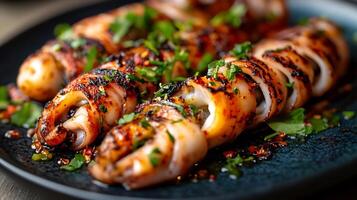 Stunning ikayaki plate from Japan featuring grilled squid with a charred finish and vibrant garnish captured in a dynamic high resolution street food photography style photo