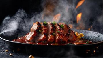 Vibrant serving of char siu from China with glazed pork and a rich smoky flavor styled in a dynamic high resolution gourmet food photography style photo