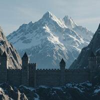 A castle in the mountains with snow on top photo