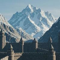 A castle in the mountains with snow capped mountains in the background photo