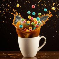 A cup of coffee with cereal and milk splashing out outdoors photo