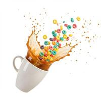 A cup of coffee with cereal and milk splashing out photo